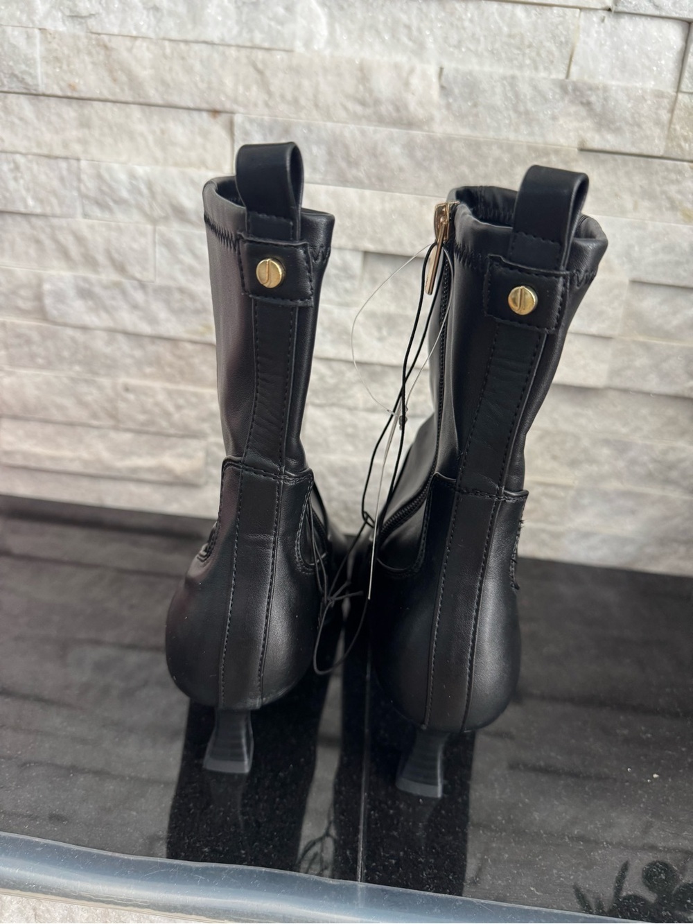 Jones New York Black Leather Mid-Calf Ankle Boots with Kitten Heel - Picture 2 of 4